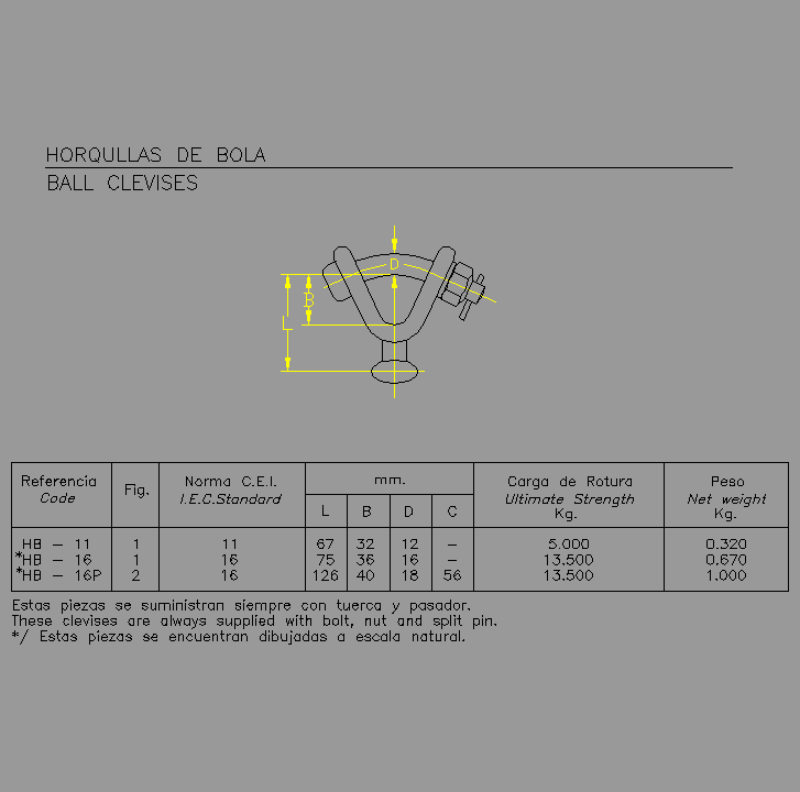 Bloque Autocad Horquilla de bola HB-11, HB-16.